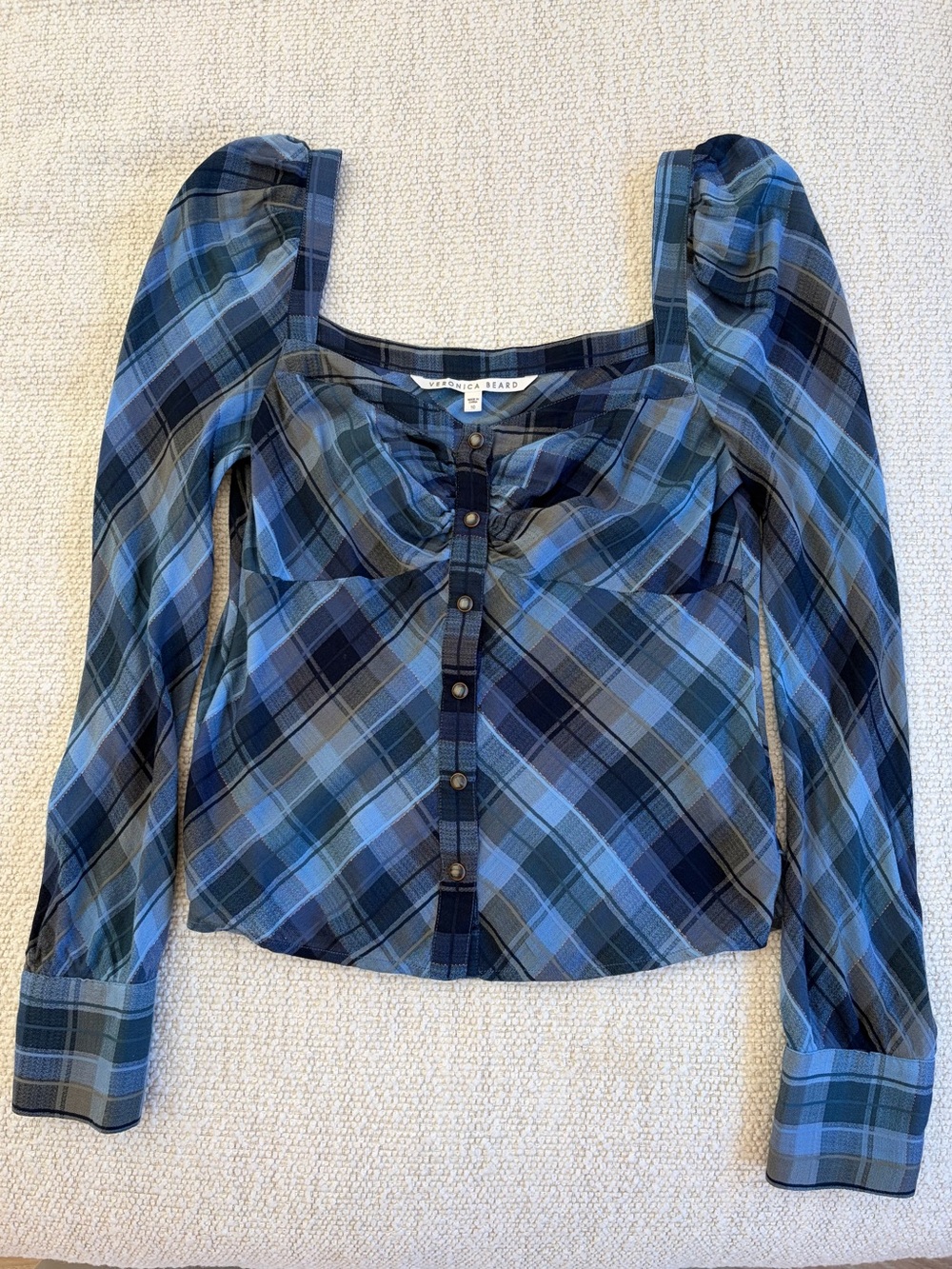 Veronica Beard Blue Plaid Puff-Sleeve Button-Front Top
